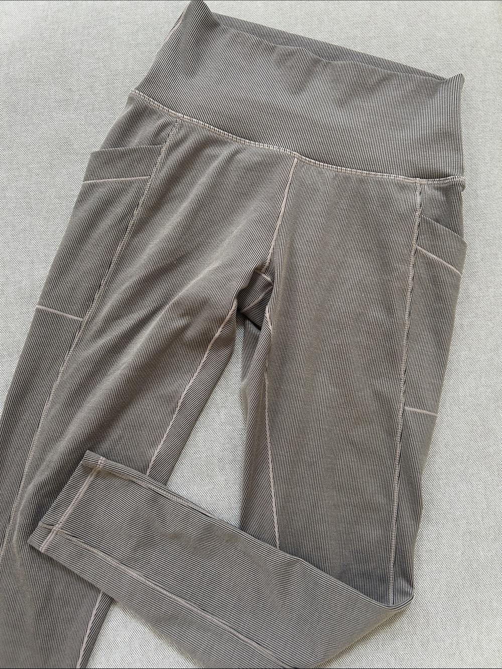 prAna High-Waist Pocket Ribbed Leggings in Taupe